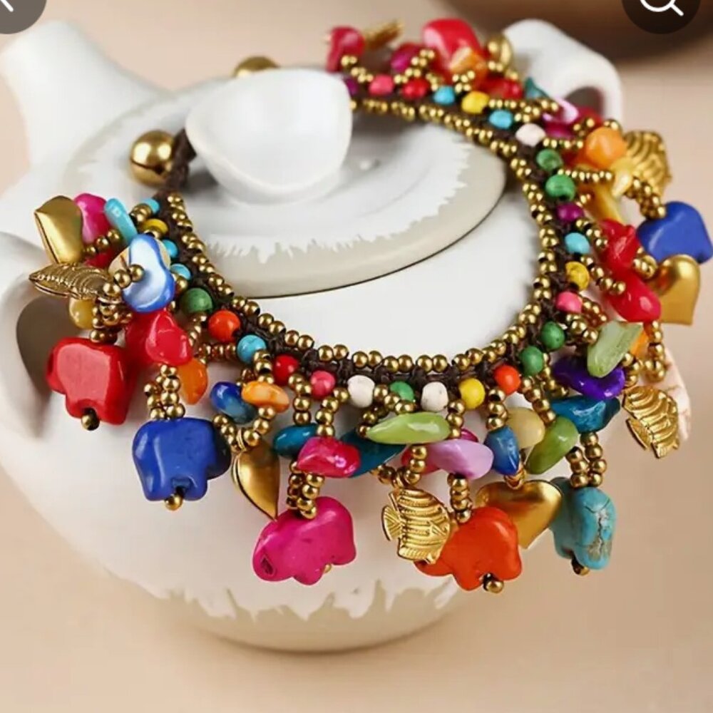 Boho Bracelet With Multi Colored Elephants And Beads, Golden Hearts and Fish